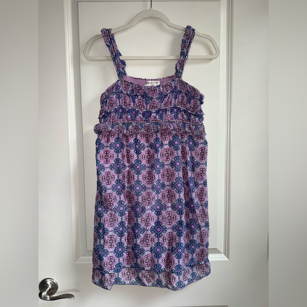 Y2K Babydoll Purple and Blue Patterned Mini Dress Size XS Silk and Cotton Blend
